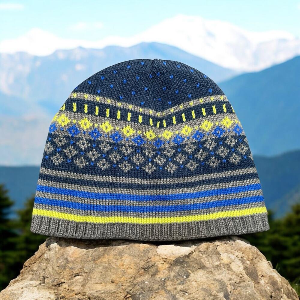 Lands End Kids Beanie Hat Medium Large Striped Blue Gray Knit Winter Cap Skull
